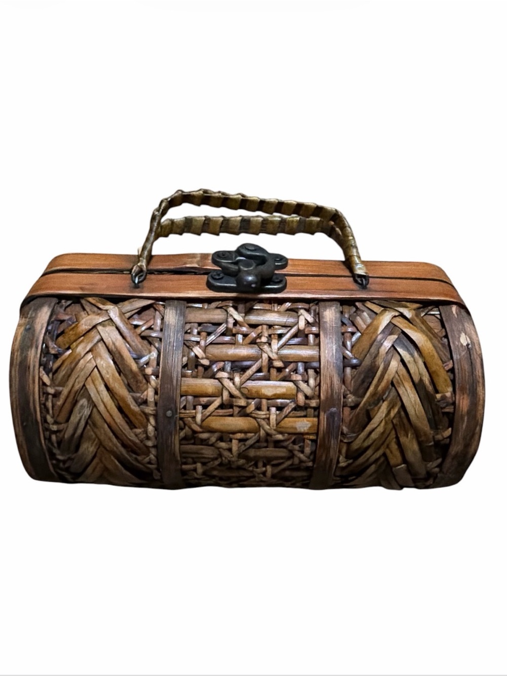 Vintage 1970s Philippine Rattan Barrel Basket Purse Boho Tiki Wicker Trinket Box